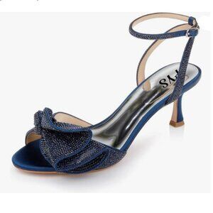FYS Navy Cute Rhinestones Bow Peep Toe Mid Heel Ankle Strap Satin Dress Sandals